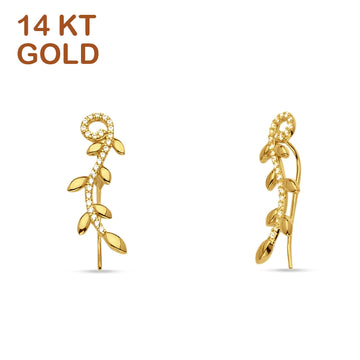 14K Yellow Gold 25mm Leaf Style Cubic Zirconia Climber Fish Hook Threader Earrings